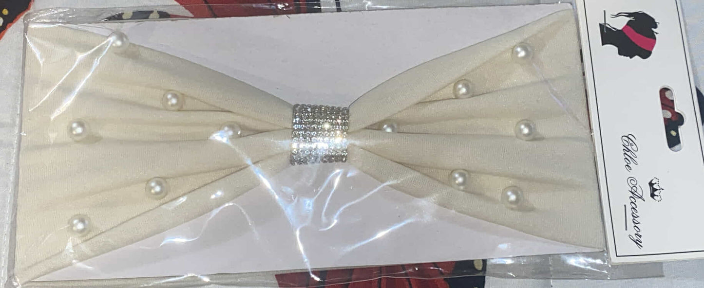 Beige Headband with White Pearl