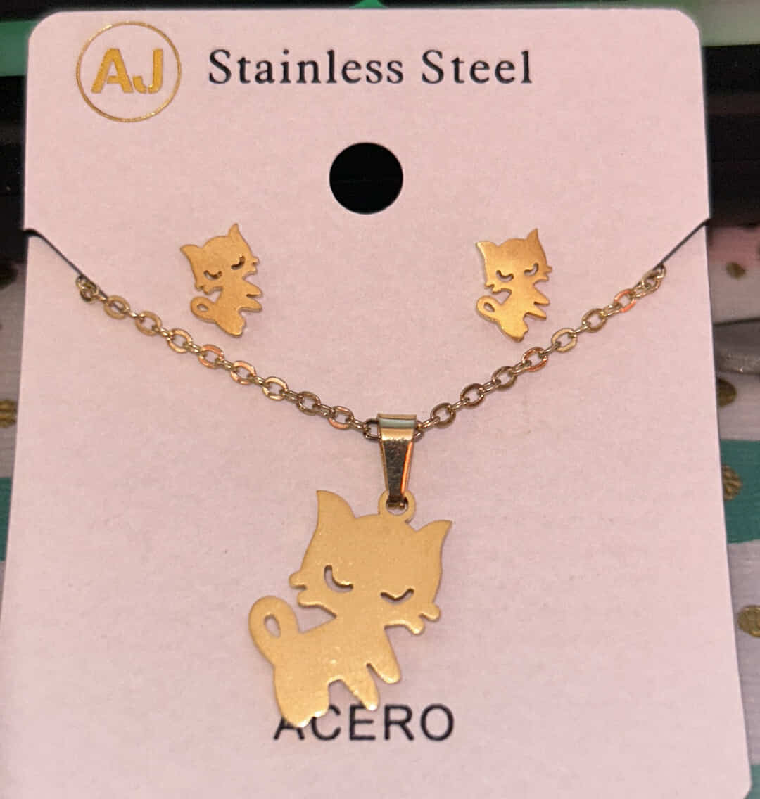 Gold Sterling Steel Cat Necklace and Earring Set