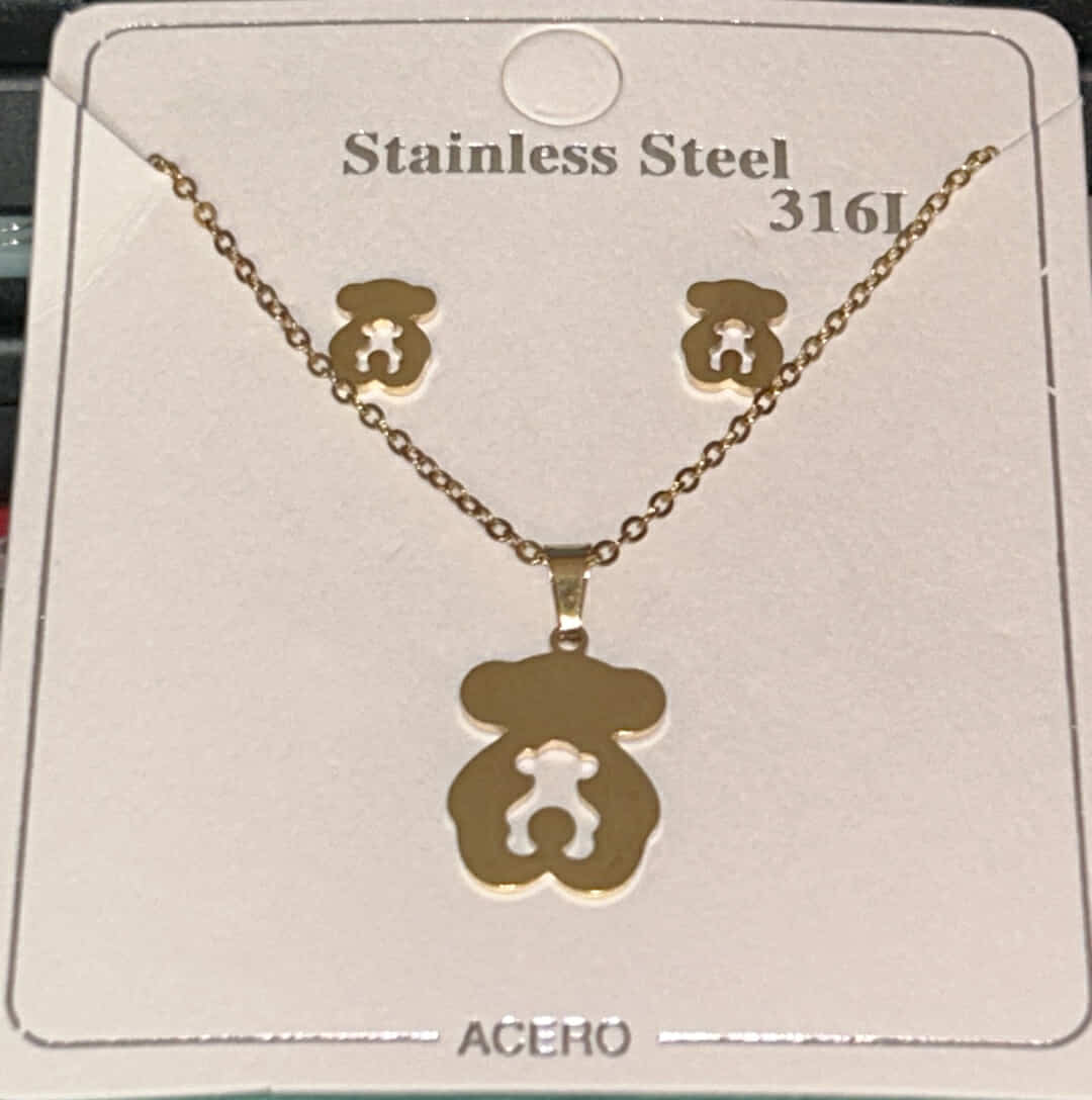 Sterling Gold Bear Necklace and Earring Set