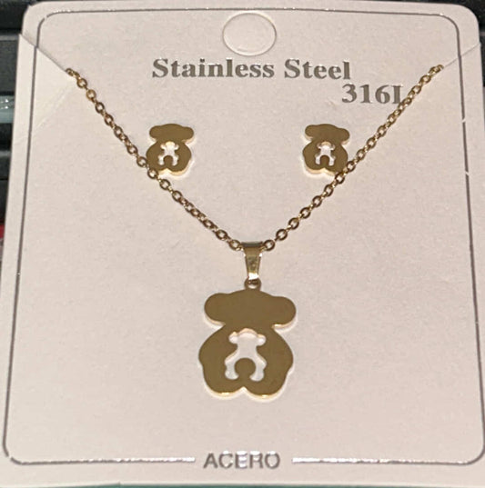 Sterling Gold Bear Necklace and Earring Set