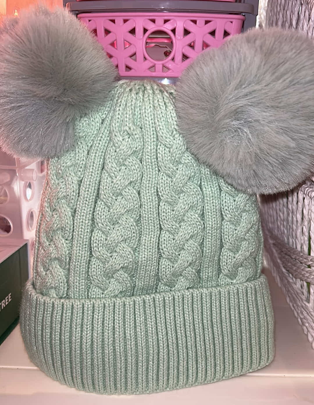 Mint Green Winter Double Pom-Pom Beanie Hat