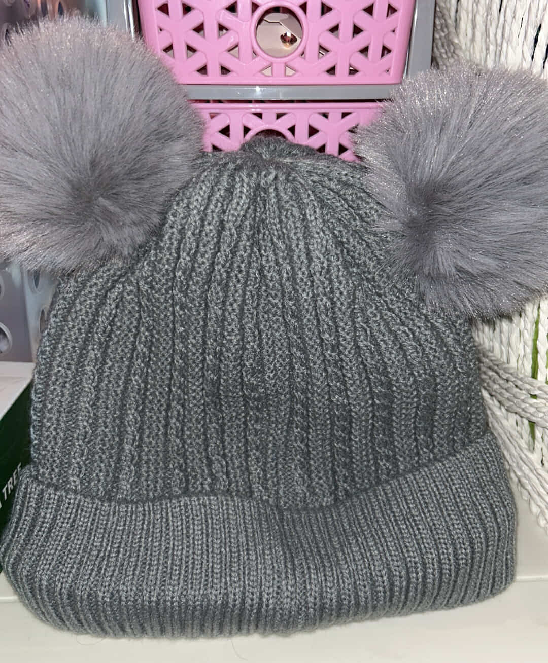 Gray Winter Double Pom-Pom Beanie Hat