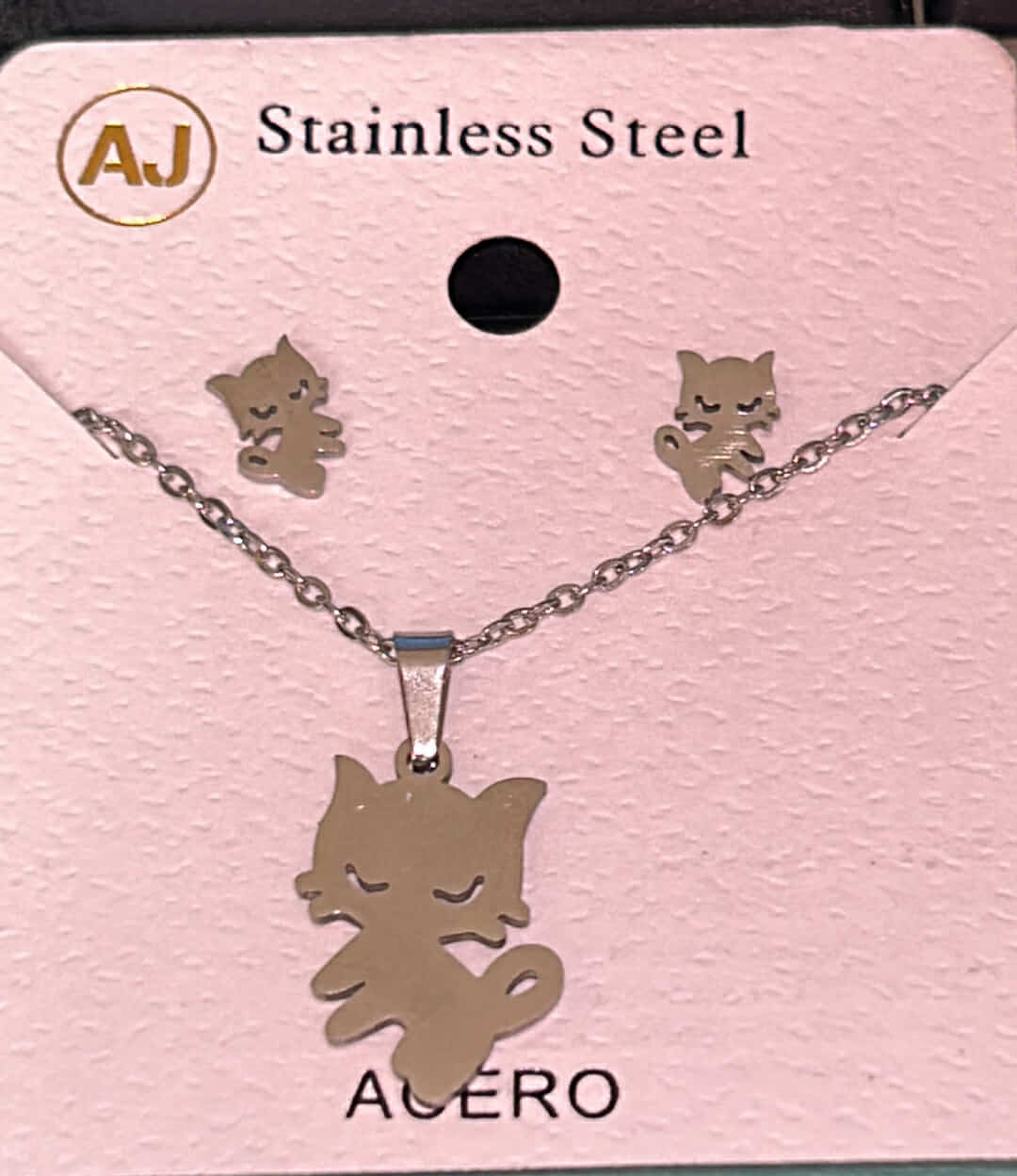 Sterling Steel Silver Cat Necklace and Earring Set